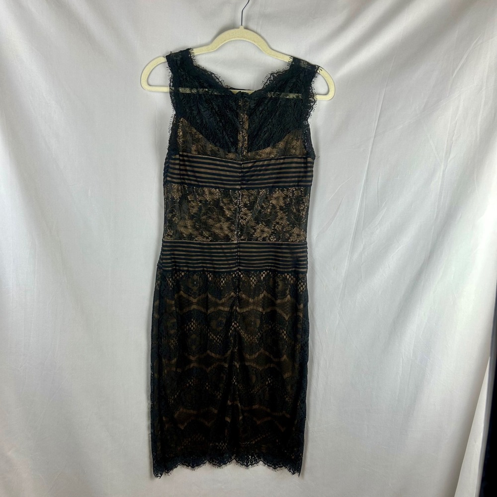 Tadashi Shoji Black Lace Nude Illusion Sheath Dress Size 6 Mesh Banding Cocktail - Picture 6 of 10